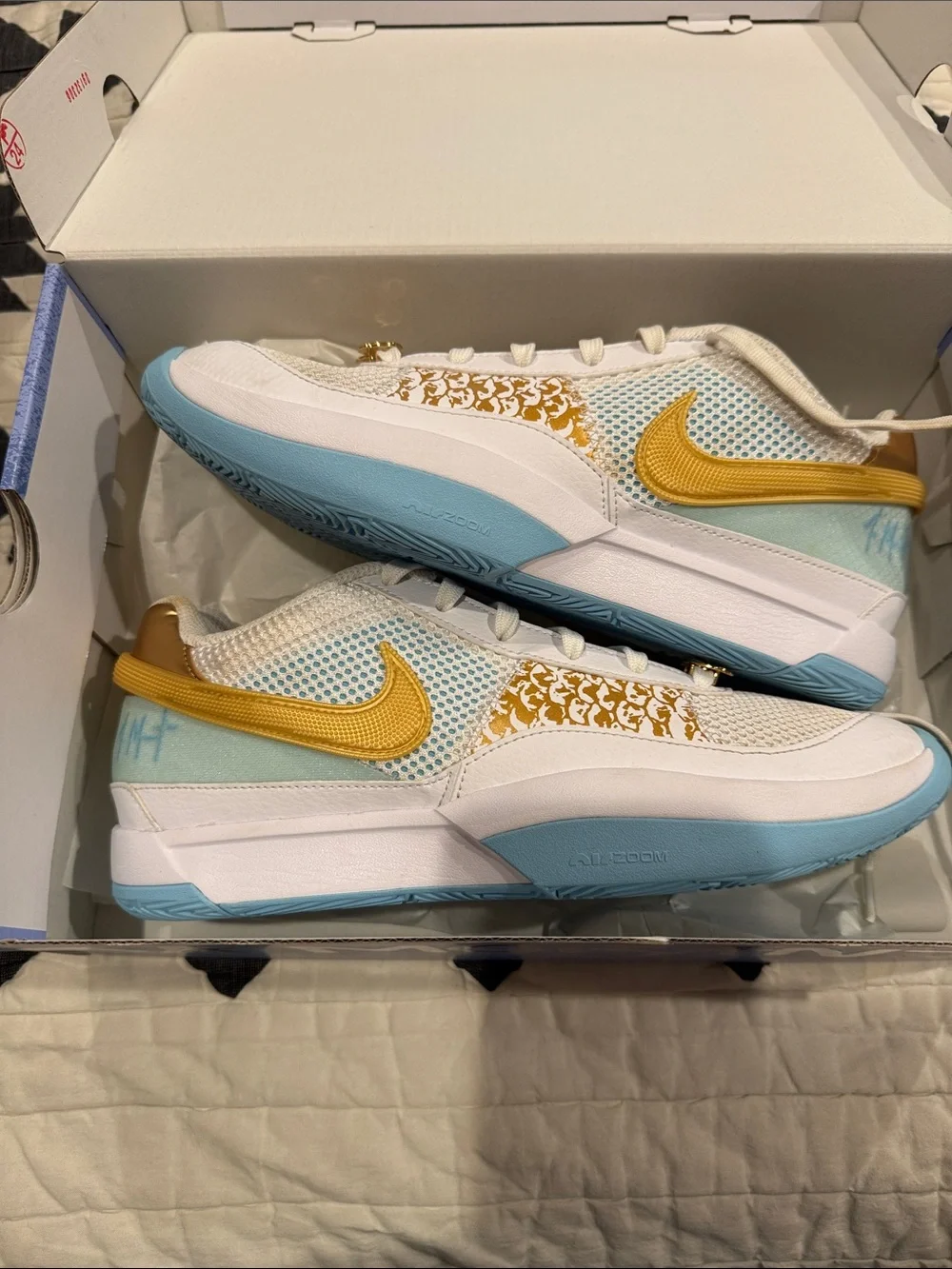 Nike JA 1 basketball shoes - White/Gold/Light Blue
